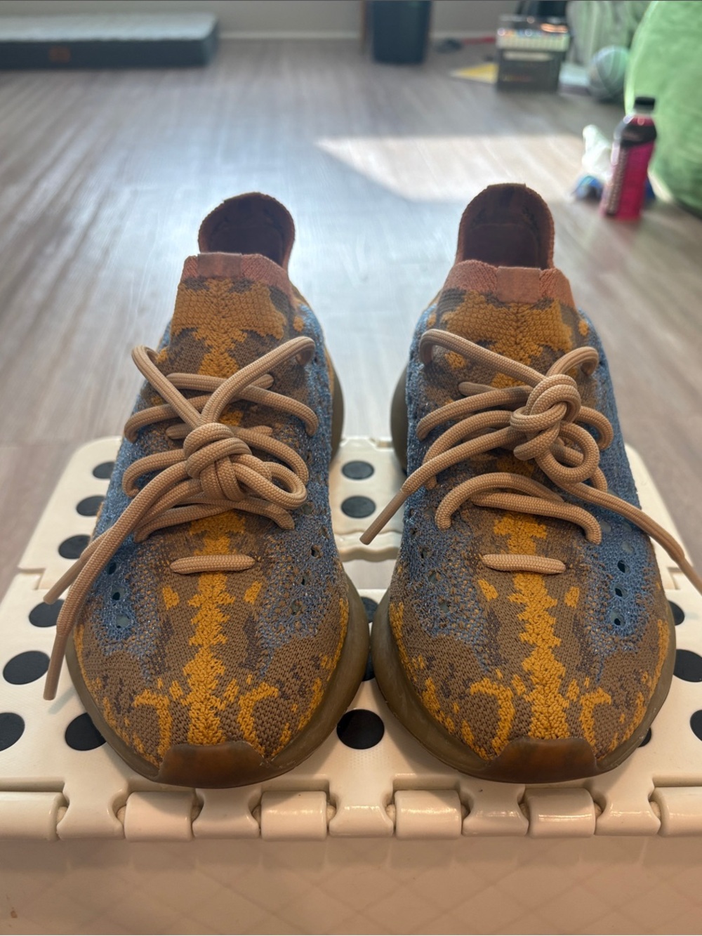 Yeezy “Blue Oat” 380 Knit Sneakers in Blue, Yellow & Tan